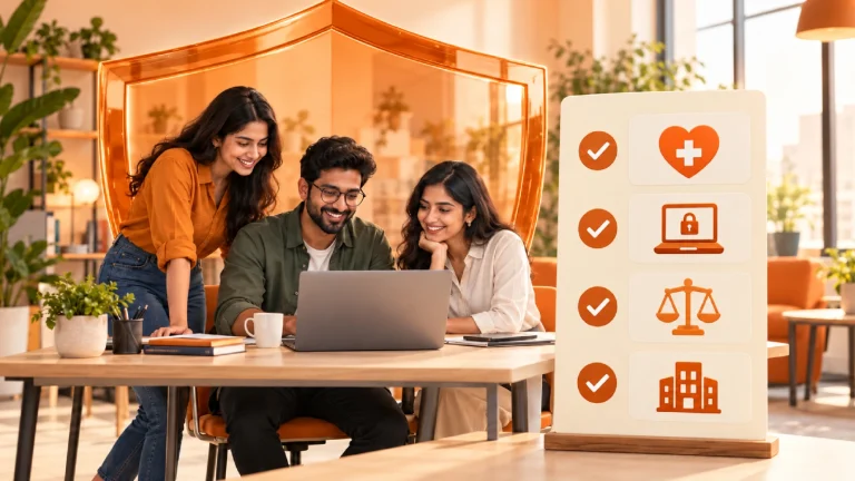 Startup founders reviewing an insurance for startups checklist in their office